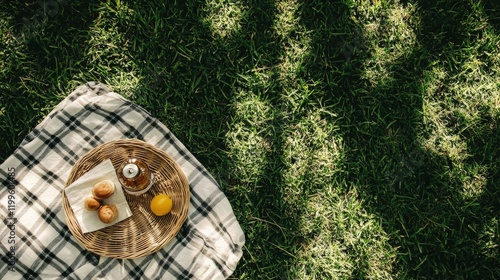 Fototapeta Naklejka Na Ścianę i Meble -  Flat Lay of Linen Tablecloth Set on Summer Lawn