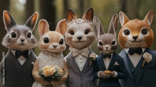 A group of anthropomorphic rabbits dressed up in formal attire, posing together and seemingly attending a wedding ceremony. photo