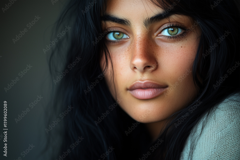 Fototapeta premium Captivating woman with striking green eyes and long black hair posing against a softly blurred background in natural light
