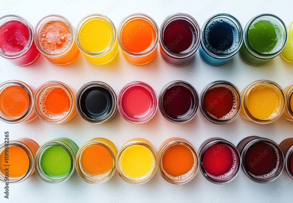Vibrant Array of Colorful Beverages in Glass Jars on White Background Showcasing Varied Textures and Tones for Refreshing Drink Concepts and Designs Vibrant Array of Colorful Beverages in Glass Jars on White Background Showcasing Varied Textures and Tones for Refreshing Drink Concepts and Designs