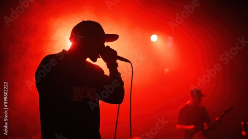 Unrecognizable young rapper engrossed in performance on stage.