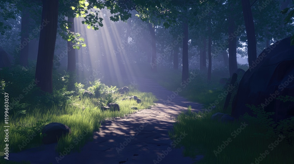 Obraz premium Sunbeams Illuminate Misty Forest Path