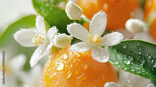 Close-up of neroli blossoms and leaves reflecting water droplets.