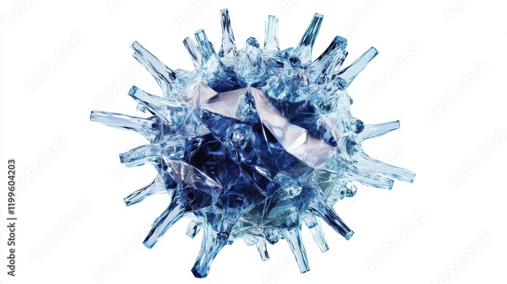 Fototapeta premium A conceptual illustration of a virus with crystalline structure, geometric precision, sci-fi style, isolated on white background.