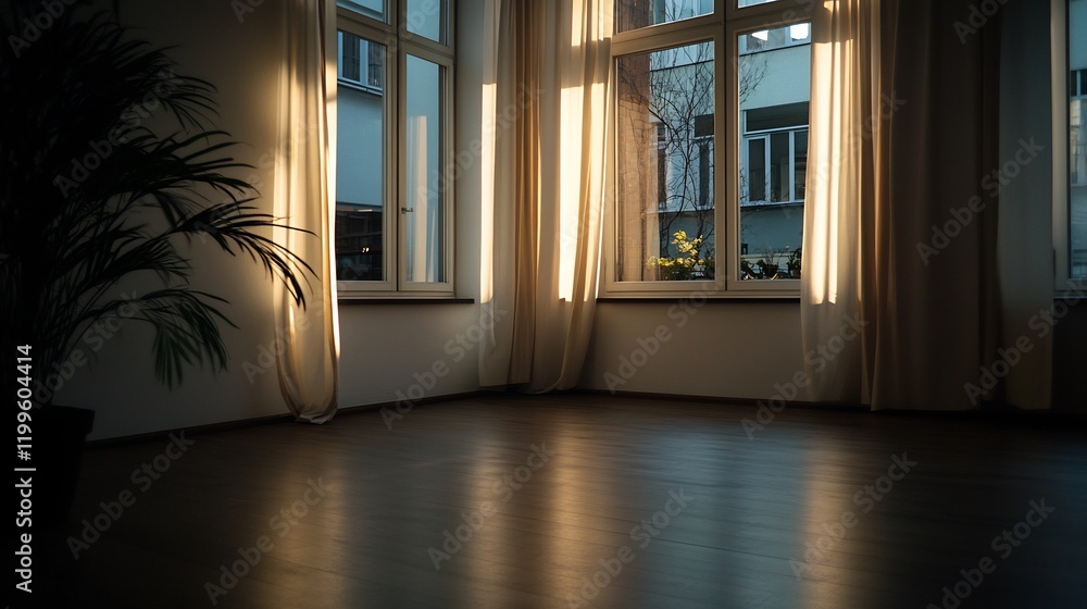 Fototapeta premium Sunlit Room Interior: Serene Space with Warm Light and Plant