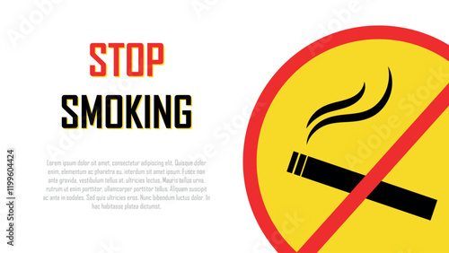 Prevent smoking sign, stop using cigarettes, no tobacco day, Nicotine addiction, quit harmful health habit, awareness campaign banner on white background, copy space for text