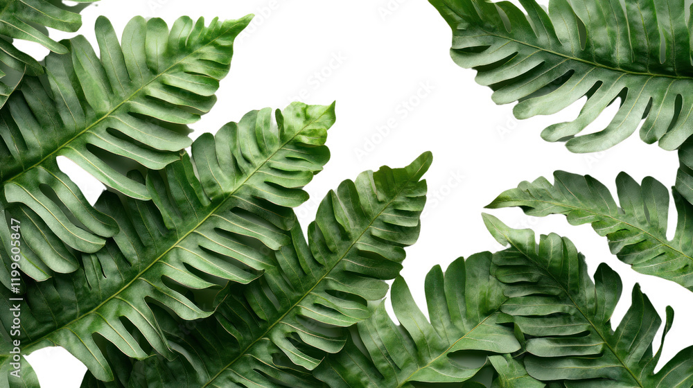 Lush green leaves arranged beautifully on a white isolated background, perfect for tropical or botanical themed designs and projects. Lush green leaves arranged beautifully on a white isolated background, perfect for tropical or botanical themed designs and projects.