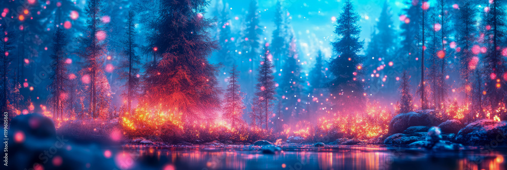 Naklejka premium Enchanted Forest at Night: A Digital Painting of a Magical Winter Scene with Glowing Plants and Trees Reflecting in a Calm River