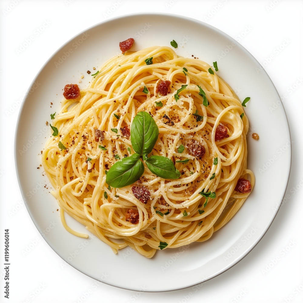 spaghetti carbonara on plate flat lay isolated on background spaghetti carbonara on plate flat lay isolated on background