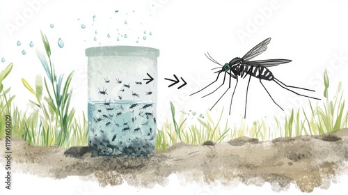 An informative landscape graphic showing a mosquito with black-and-white stripes on its body and legs, hovering near a water-filled container on a pure white background.  photo