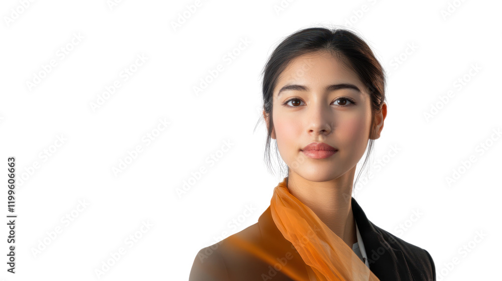 A confident young woman with a serene expression, wearing a stylish outfit and a vibrant scarf, ideal for conveying professionalism and elegance. A confident young woman with a serene expression, wearing a stylish outfit and a vibrant scarf, ideal for conveying professionalism and elegance.