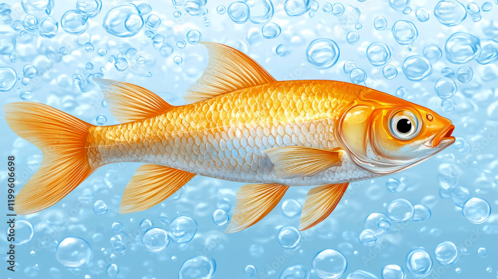 Fototapeta premium Golden Fish Swimming in Bubbles: An Aquatic Illustration