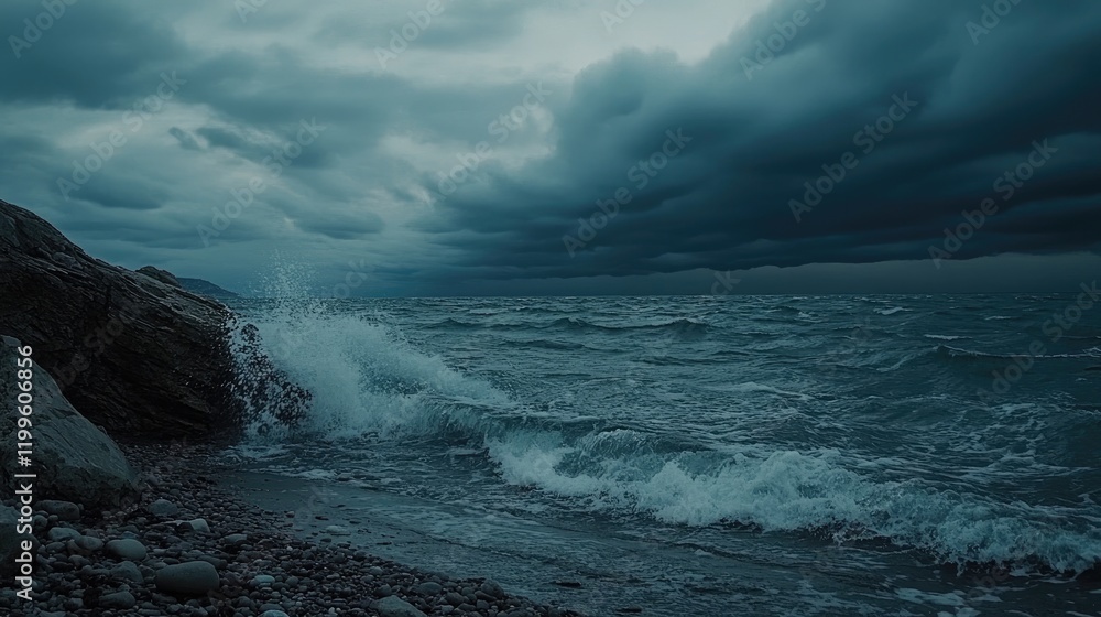 Obraz premium Dark Stormy Ocean Waves Crashing on Rocky Shore