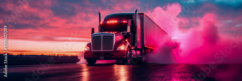 Big rig truck driving on highway at sunset with pink smoke photo