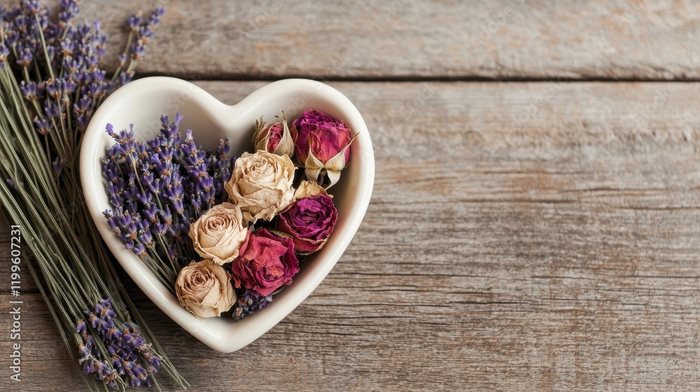 Rustic Valentine's day concept. A heart-shaped dish holds dried roses and lavender, resting on a rustic wooden surface, evoking a romantic and serene ambiance. Rustic Valentine's day concept. A heart-shaped dish holds dried roses and lavender, resting on a rustic wooden surface, evoking a romantic and serene ambiance.
