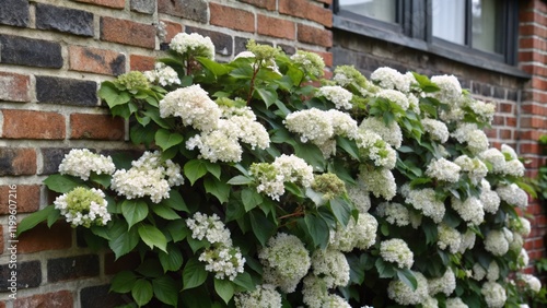 White Hydrangea Blooms Growing on a Brick Wall