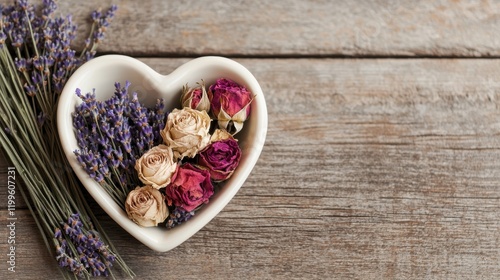 Rustic Valentine's day concept. A heart-shaped dish holds dried roses and lavender, resting on a rustic wooden surface, evoking a romantic and serene ambiance.