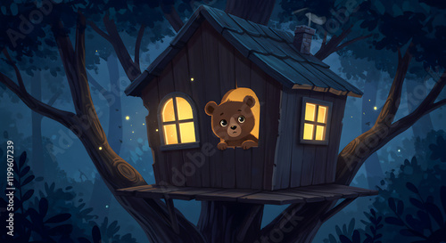 A Baby Bear Looking Out from a Treehouse in the Dark Forest 01