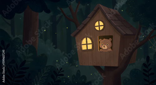 A Baby Bear Looking Out from a Treehouse in the Dark Forest 02