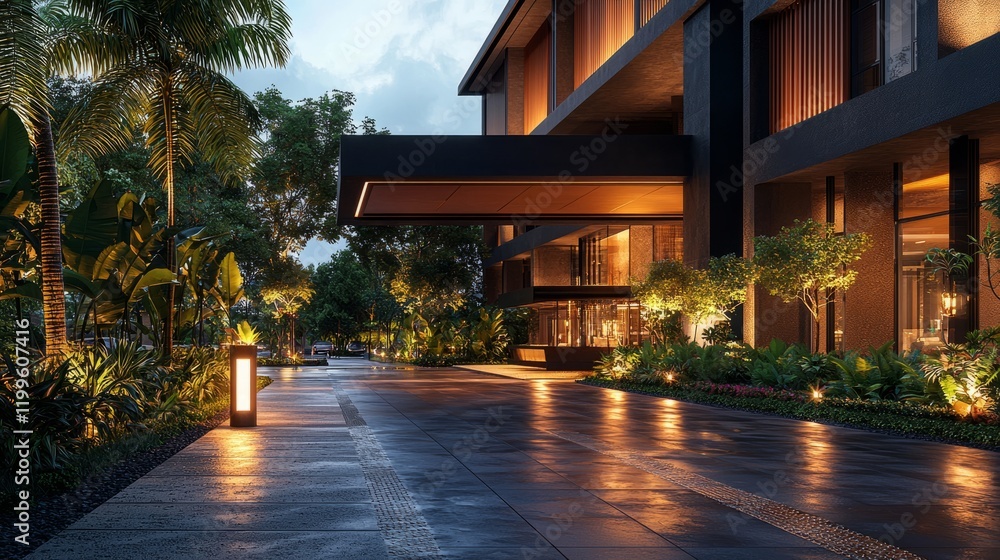 Modern Architectural Design with Lush Greenery at Dusk Modern Architectural Design with Lush Greenery at Dusk