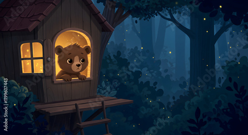 A Baby Bear Looking Out from a Treehouse in the Dark Forest 04