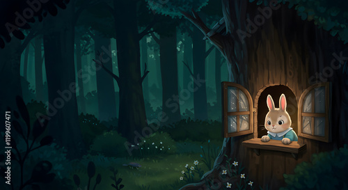 A Baby Bunny Looking Out from a Treehouse in the Dark Forest 01
