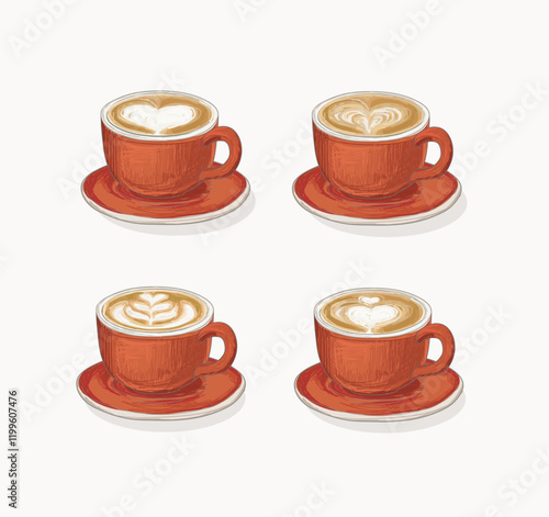 set of four different coffee heart latte art rosetta heart linear illustration drawing isolated on white background