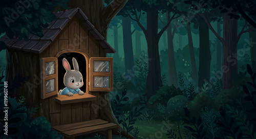 A Baby Bunny Looking Out from a Treehouse in the Dark Forest 03