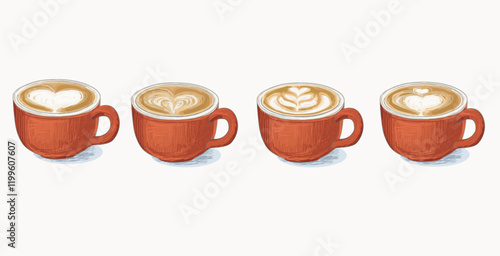 set of four different coffee heart latte art rosetta heart linear illustration drawing isolated on white background
