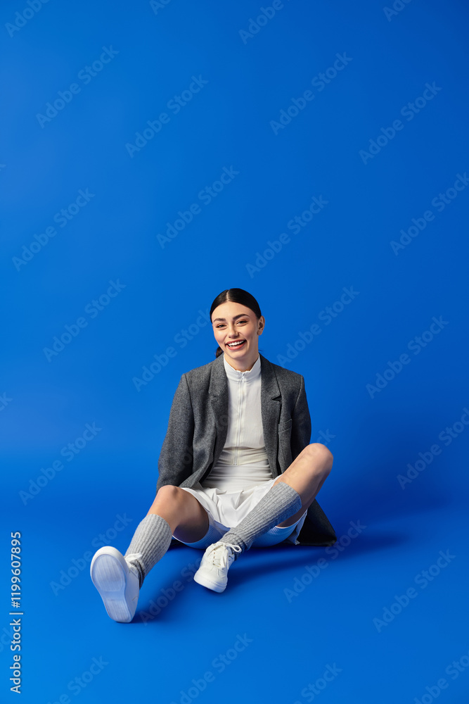 A young woman beams with happiness, sitting on a smooth blue surface in stylish comfort. A young woman beams with happiness, sitting on a smooth blue surface in stylish comfort.
