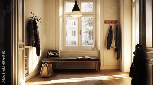 Sunlit Hallway Entryway With Coats And Bench photo