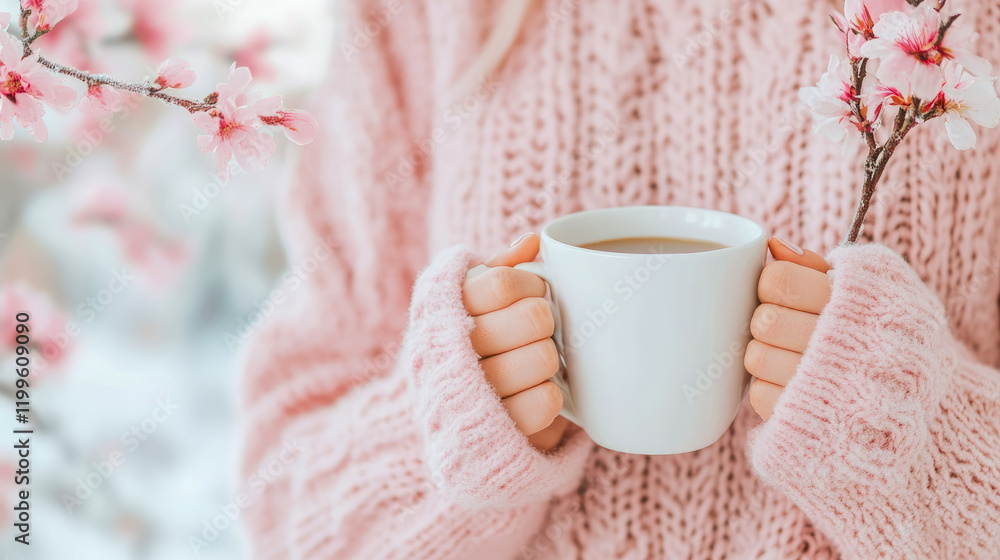 Cozy Springtime Moment: Woman in Pink Sweater Enjoying Hot Drink with Blooming Branches Cozy Springtime Moment: Woman in Pink Sweater Enjoying Hot Drink with Blooming Branches