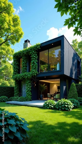 Modern glass house, lush green ivy, vibrant blue sky , plant, glass house photo