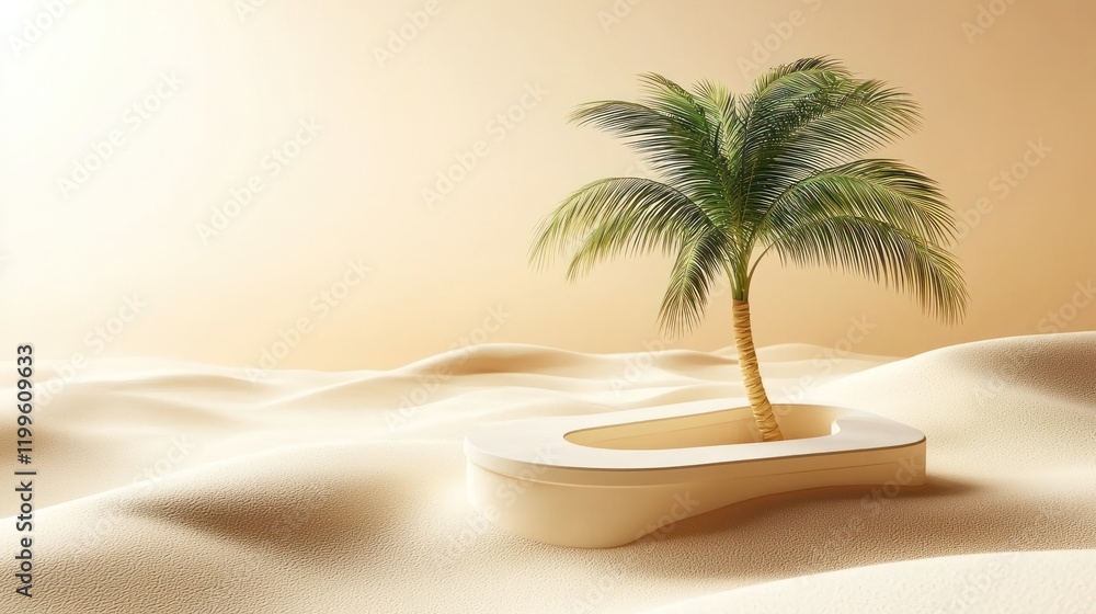 Fototapeta premium Oasis Palm tree in minimalist desert landscape.