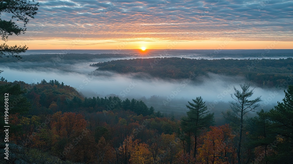 Fototapeta premium Autumn Sunrise Over Foggy Forest Valley