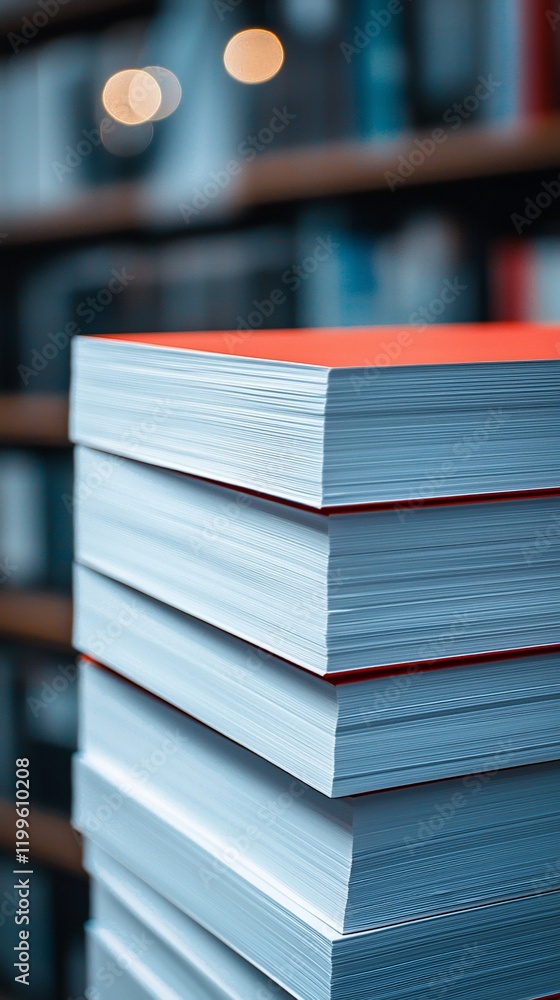 Fototapeta premium Stack of books with red covers in library.