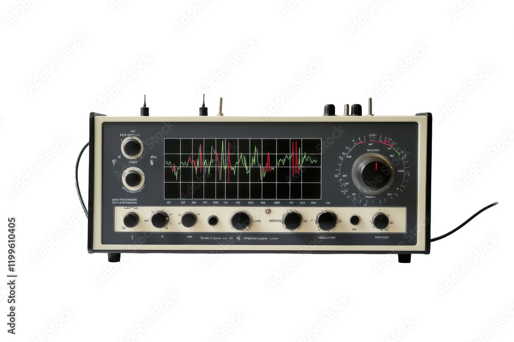 Old analog oscilloscope displaying waveforms in a laboratory setting during daylight hours Old analog oscilloscope displaying waveforms in a laboratory setting during daylight hours
