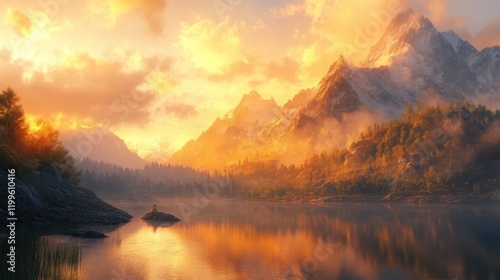 Wallpaper Mural Majestic mountains and tranquil lake at sunset, golden light, Generated AI Torontodigital.ca