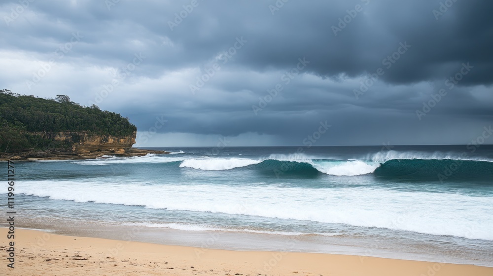 Ocean Waves Crashing on Sandy Beach Under Stormy Sky Ocean Waves Crashing on Sandy Beach Under Stormy Sky