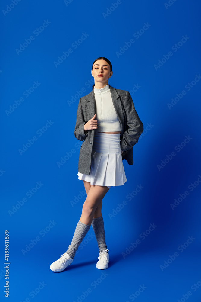 A young woman in a chic outfit stands confidently, captivating the viewers attention.