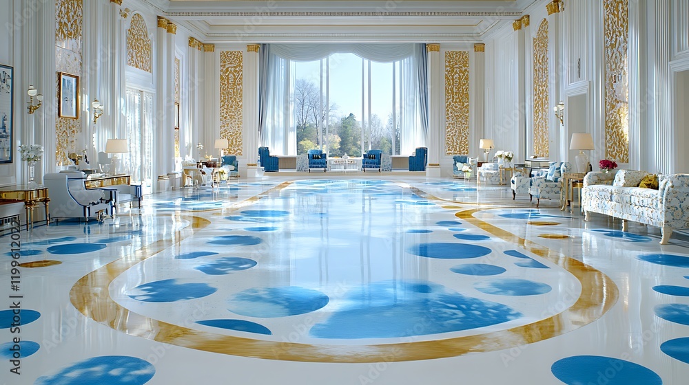 Obraz premium Luxurious Hallway with Blue and Gold Floor Design