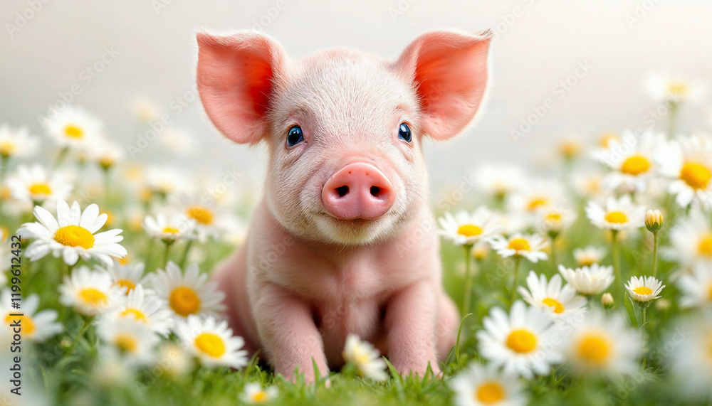 Cute piglet surrounded by daisies in a sunny meadow during springtime Cute piglet surrounded by daisies in a sunny meadow during springtime