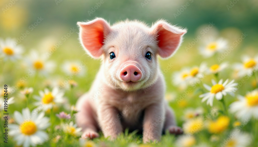 Cute piglet resting among wildflowers in a sunny meadow during springtime Cute piglet resting among wildflowers in a sunny meadow during springtime