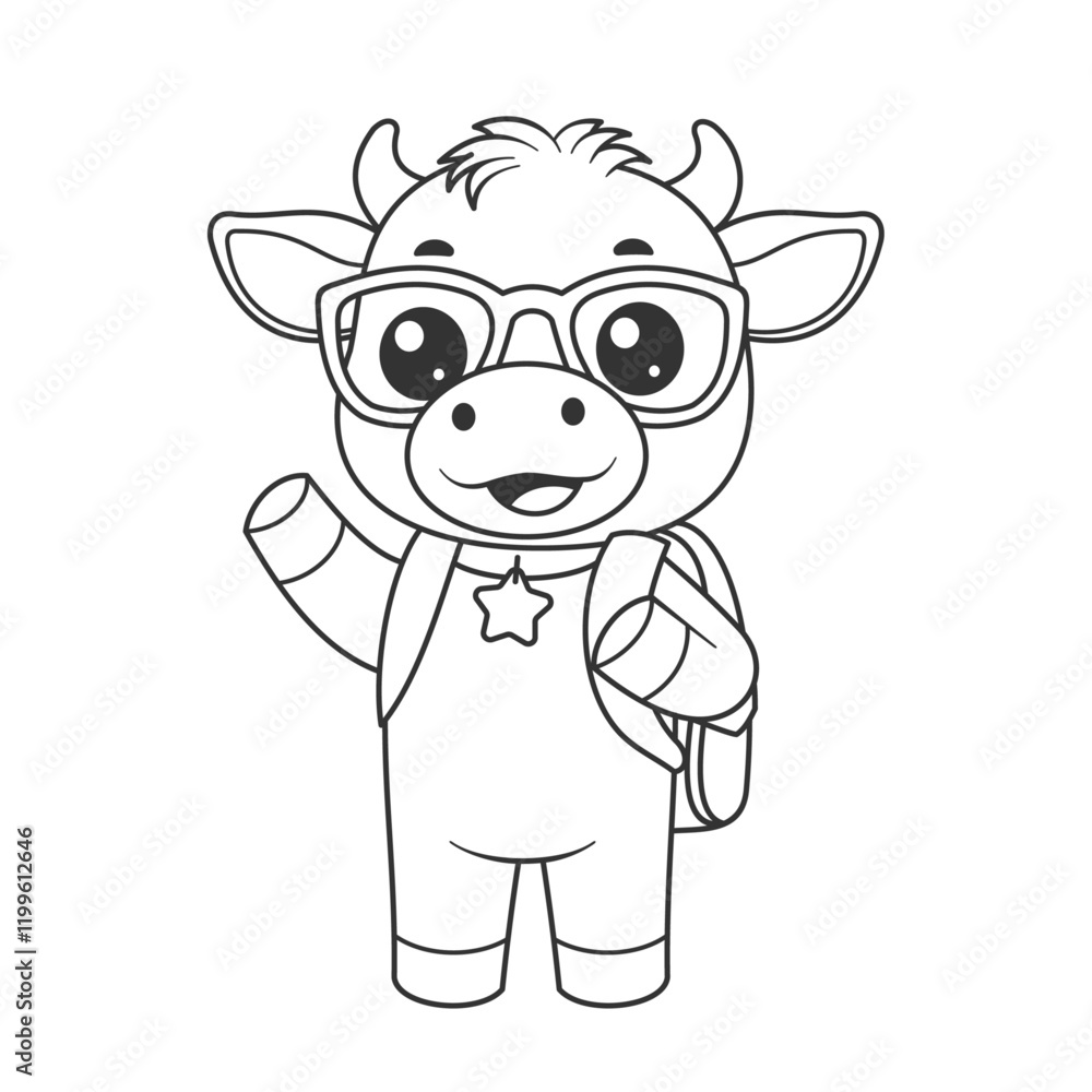 Naklejka premium Cute cow wearing glasses, and backpack for coloring