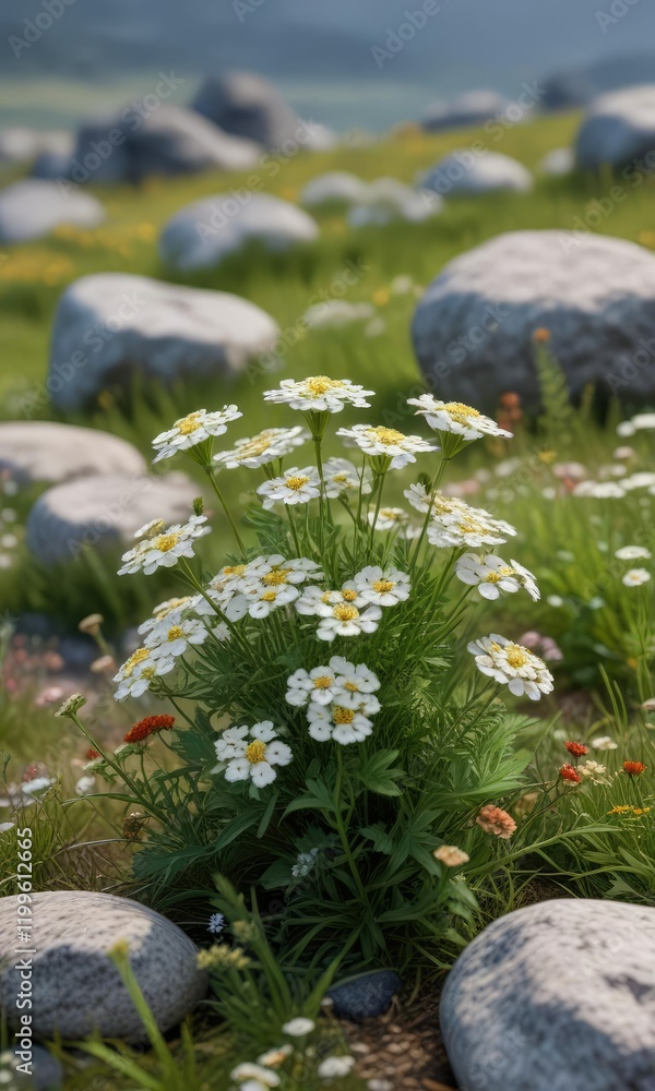 Obraz premium Achillea millefolium flowers in a meadow with a few rocks and twigs scattered throughout the scene, achillea, rocks