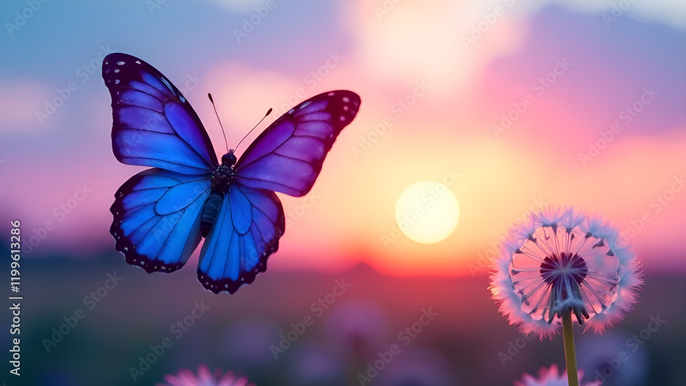 A beautiful blue butterfly gracefully flutters above a vibrant field filled with blooming dandelions as the sun begins to set in the background