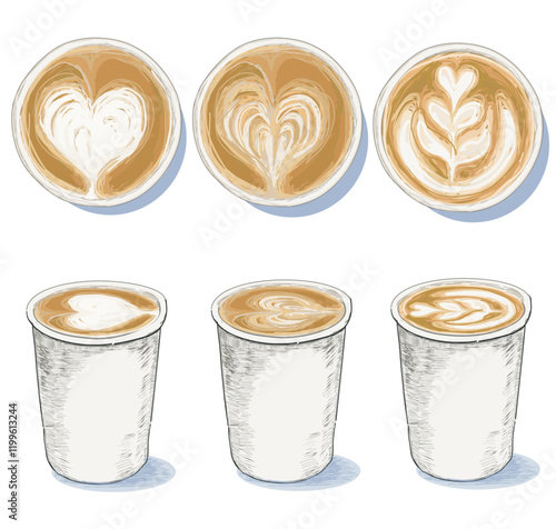 set of three different coffee latte art in paper cup top and side view rosetta modern coffee isolated on white background