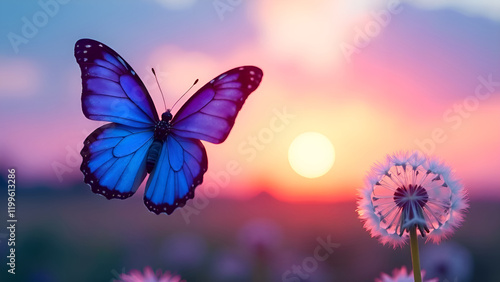 Obraz na płótnie A beautiful blue butterfly gracefully flutters above a vibrant field filled with blooming dandelions as the sun begins to set in the background w salonie