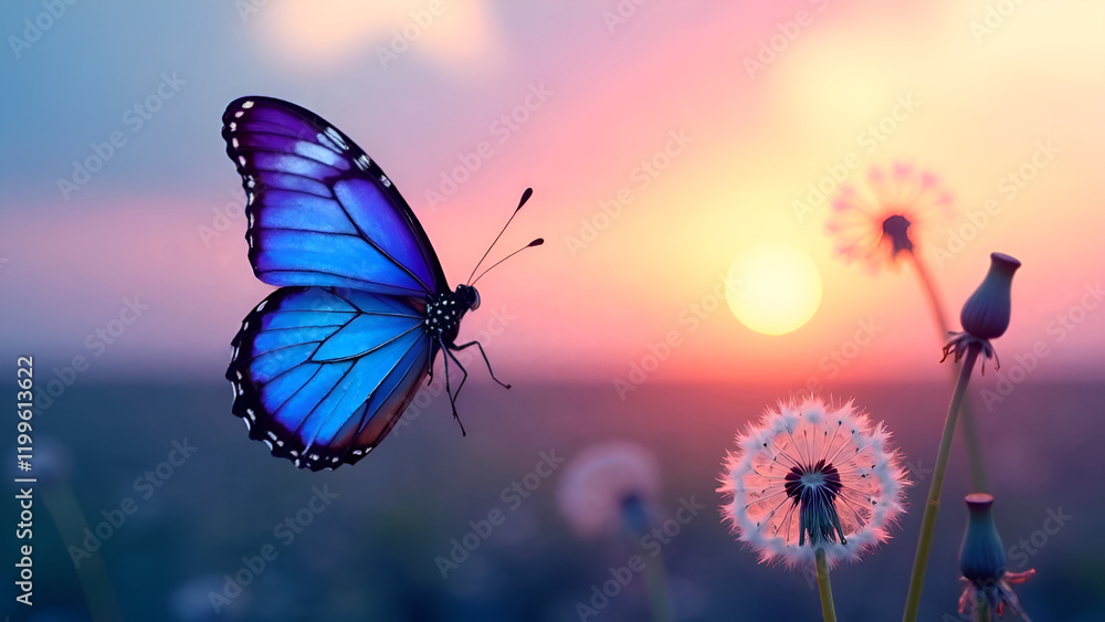 A beautiful blue butterfly gracefully flutters above a vibrant field filled with blooming dandelions as the sun begins to set in the background