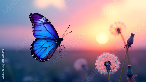 Obraz na płótnie A beautiful blue butterfly gracefully flutters above a vibrant field filled with blooming dandelions as the sun begins to set in the background w salonie